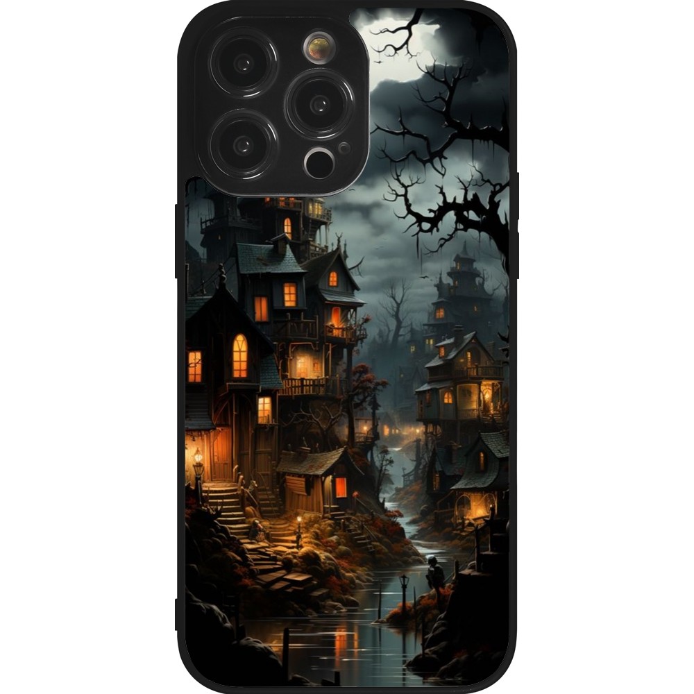 Coque iPhone 14 Pro Max - Silicone rigide noir Halloween 2024 scary town