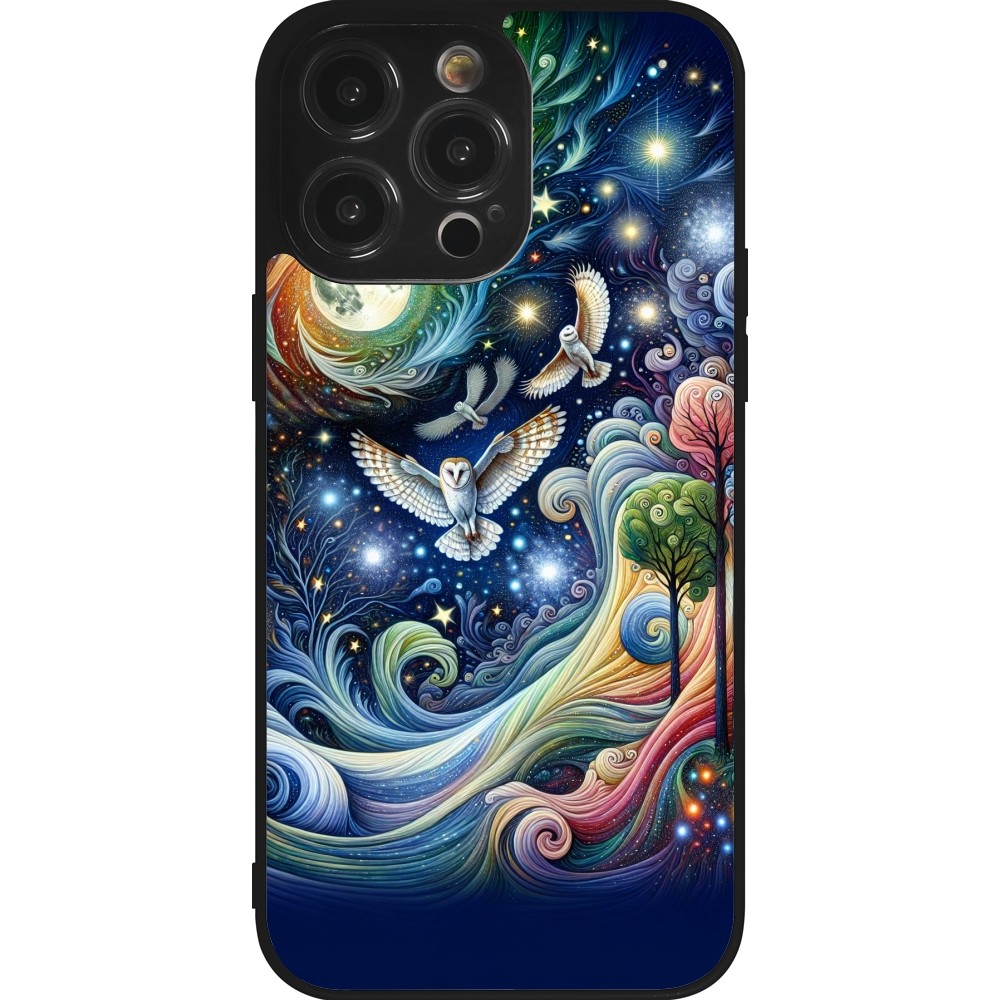 Coque iPhone 14 Pro Max - Silicone rigide noir hibou volant floral