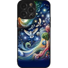 Coque iPhone 14 Pro Max - Silicone rigide noir hibou volant floral