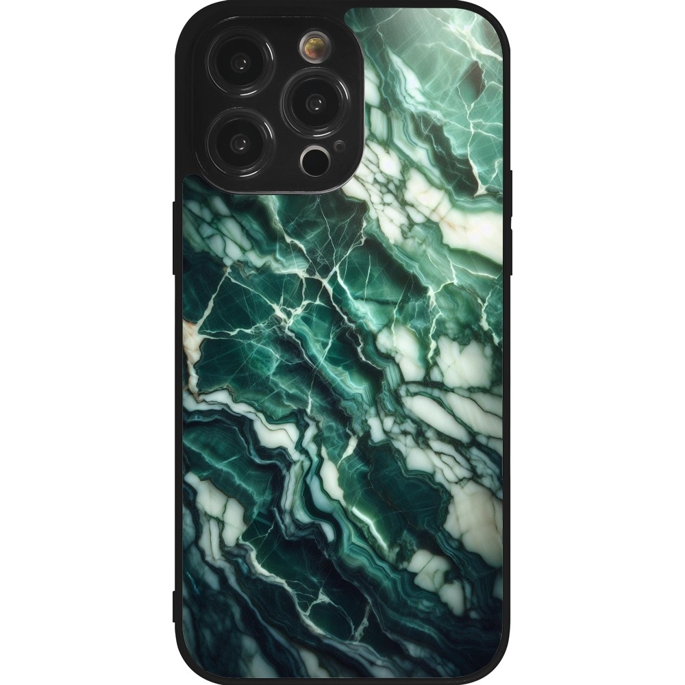 Coque iPhone 14 Pro Max - Silicone rigide noir Marbre vert majestueux