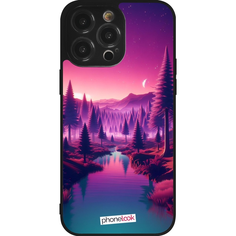 Coque iPhone 14 Pro Max - Silicone rigide noir Paysage Violet-Rose