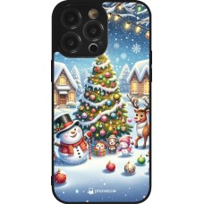 Coque iPhone 14 Pro Max - Silicone rigide noir Noël 2023 bonhomme de neige et sapin