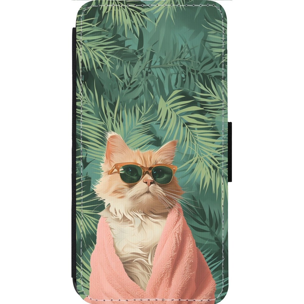 Coque iPhone 14 Pro Max - Wallet noir Cat Summer Palms