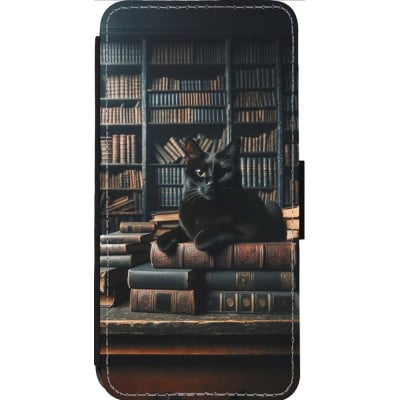 Coque iPhone 14 Pro Max - Wallet noir Chat livres sombres