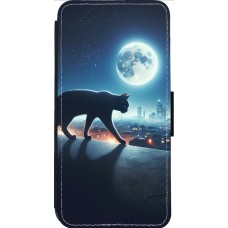 Coque iPhone 14 Pro Max - Wallet noir Chat noir sous la pleine lune