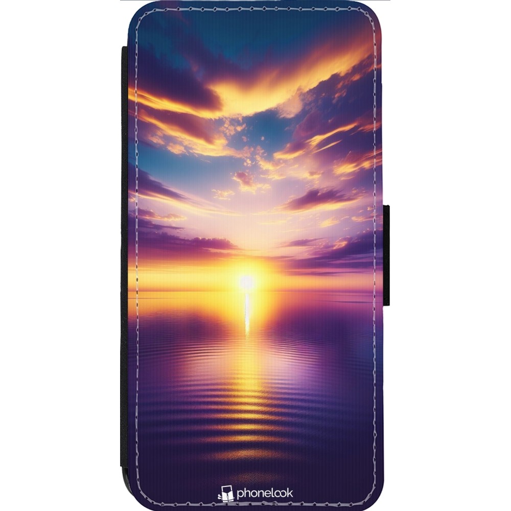 Coque iPhone 14 Pro Max - Wallet noir Coucher soleil jaune violet