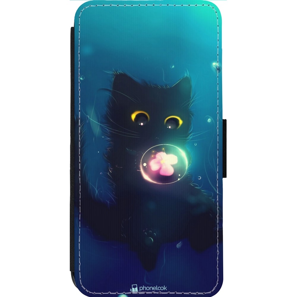 Coque iPhone 14 Pro Max - Wallet noir Cute Cat Bubble