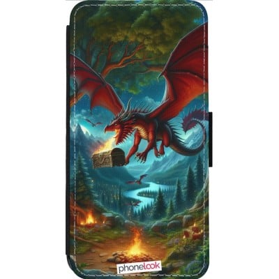 Coque iPhone 14 Pro Max - Wallet noir Dragon Volant Forêt Trésor