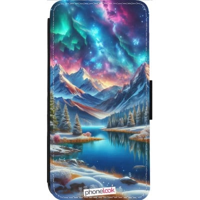 Coque iPhone 14 Pro Max - Wallet noir Fantasy Mountain Lake Sky Stars