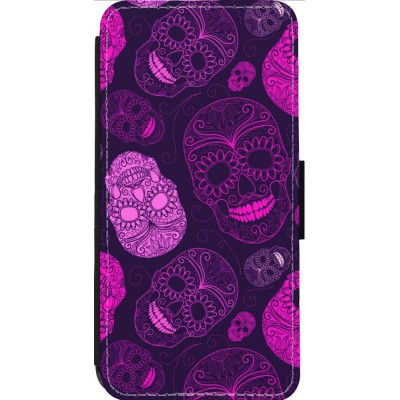 Coque iPhone 14 Pro Max - Wallet noir Halloween 2023 pink skulls