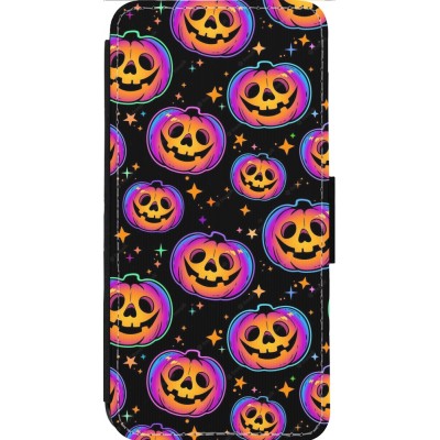 Coque iPhone 14 Pro Max - Wallet noir Halloween 2024 rainbow pumpkins