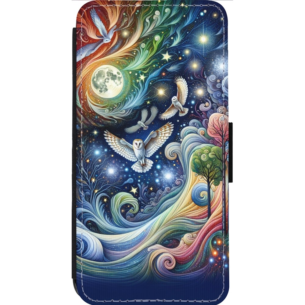 Coque iPhone 14 Pro Max - Wallet noir hibou volant floral