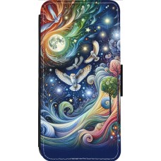 Coque iPhone 14 Pro Max - Wallet noir hibou volant floral