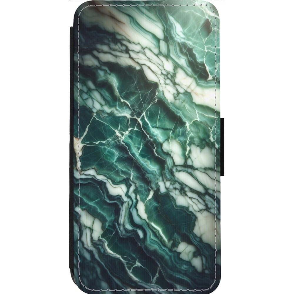 Coque iPhone 14 Pro Max - Wallet noir Marbre vert majestueux