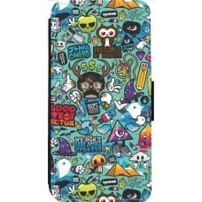 Coque iPhone 14 Pro Max - Wallet noir Mixed Cartoons Turquoise