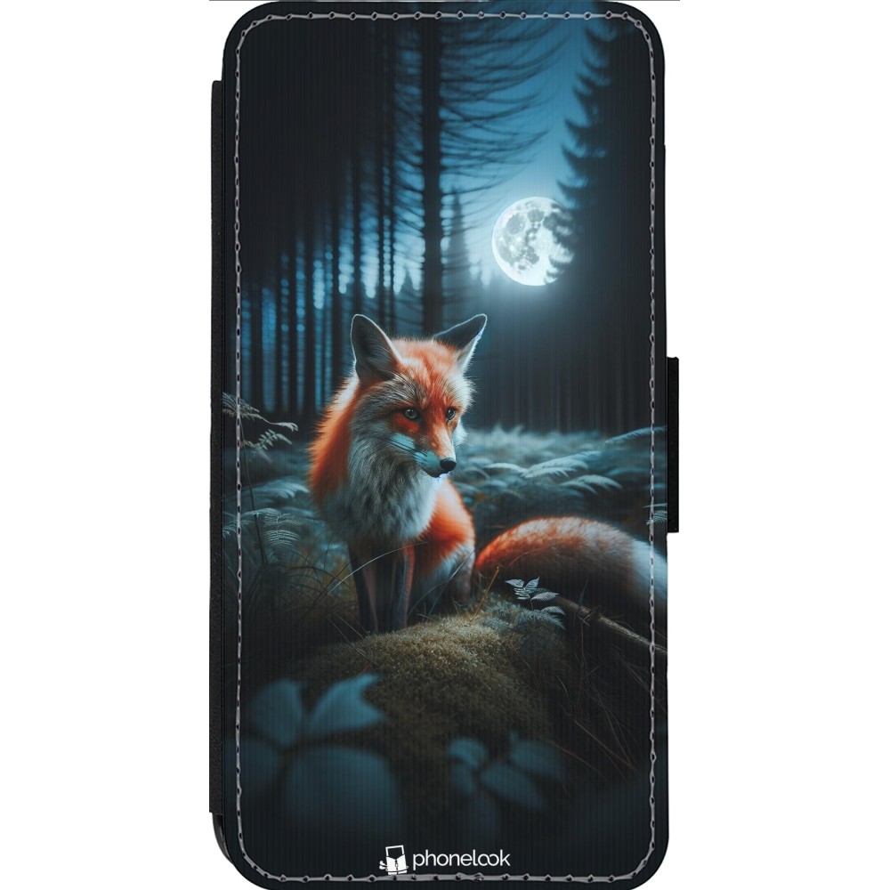 Coque iPhone 14 Pro Max - Wallet noir Renard lune forêt