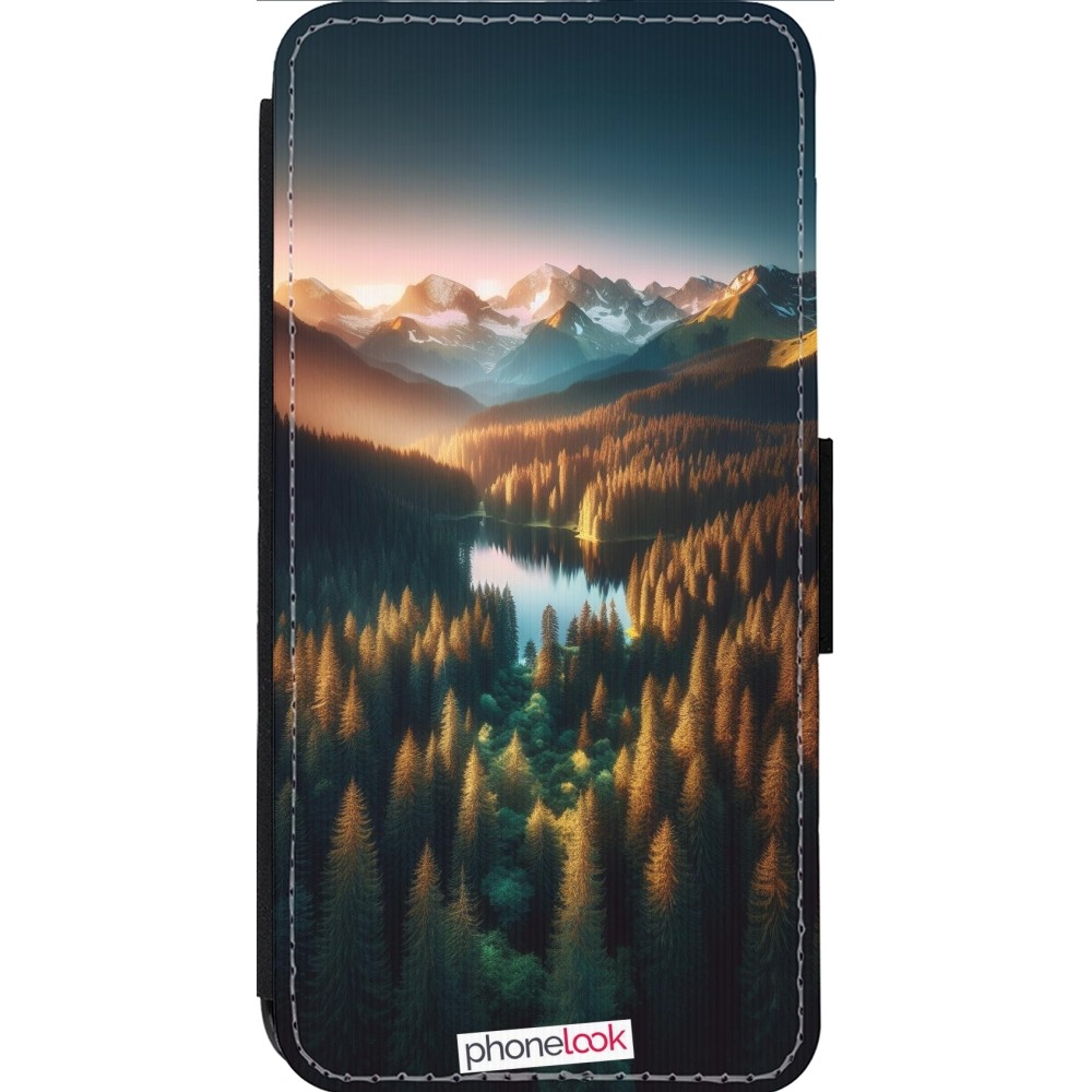 Coque iPhone 14 Pro Max - Wallet noir Sunset Forest Lake