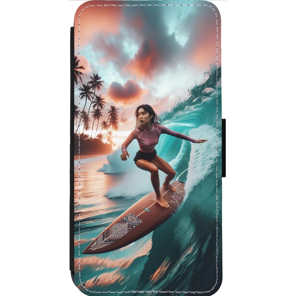 Coque iPhone 14 Pro Max - Wallet noir Surfeuse Balinaise