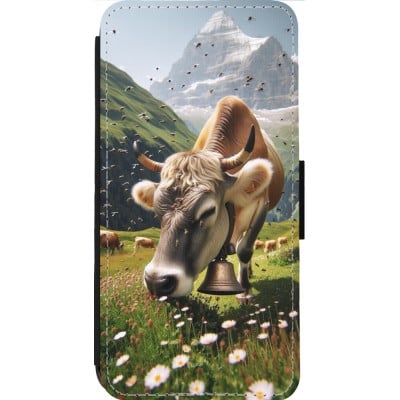 Coque iPhone 14 Pro Max - Wallet noir Vache montagne Valais