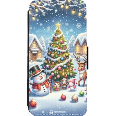 Coque iPhone 14 Pro Max - Wallet noir Noël 2023 bonhomme de neige et sapin