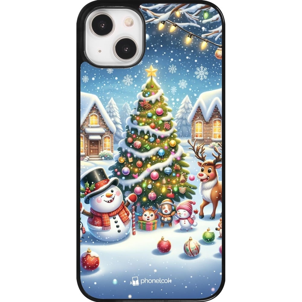 Coque iPhone 14 Plus - Noël 2023 bonhomme de neige et sapin