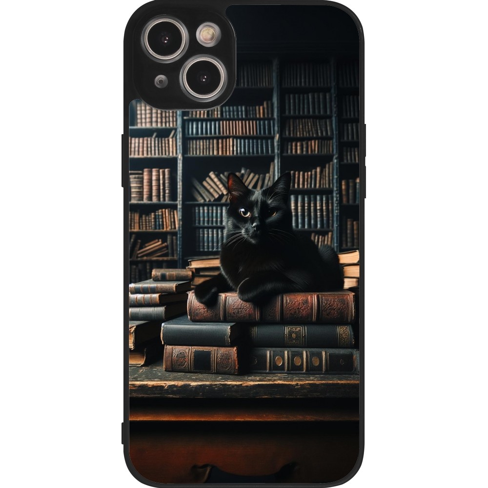 Coque iPhone 14 Plus - Silicone rigide noir Chat livres sombres