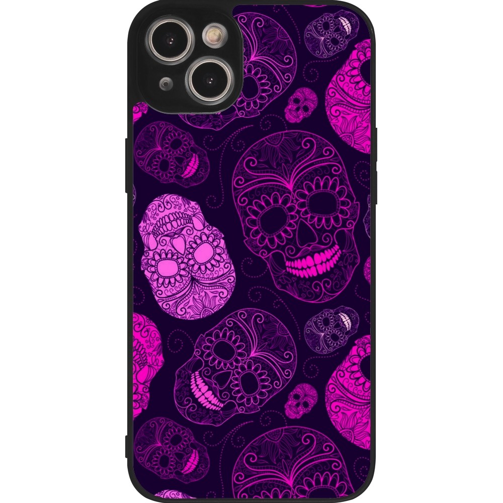 Coque iPhone 14 Plus - Silicone rigide noir Halloween 2023 pink skulls