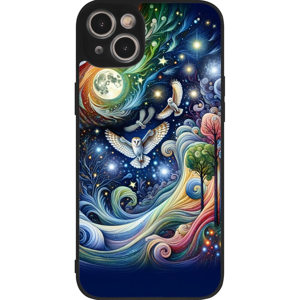 Coque iPhone 14 Plus - Silicone rigide noir hibou volant floral