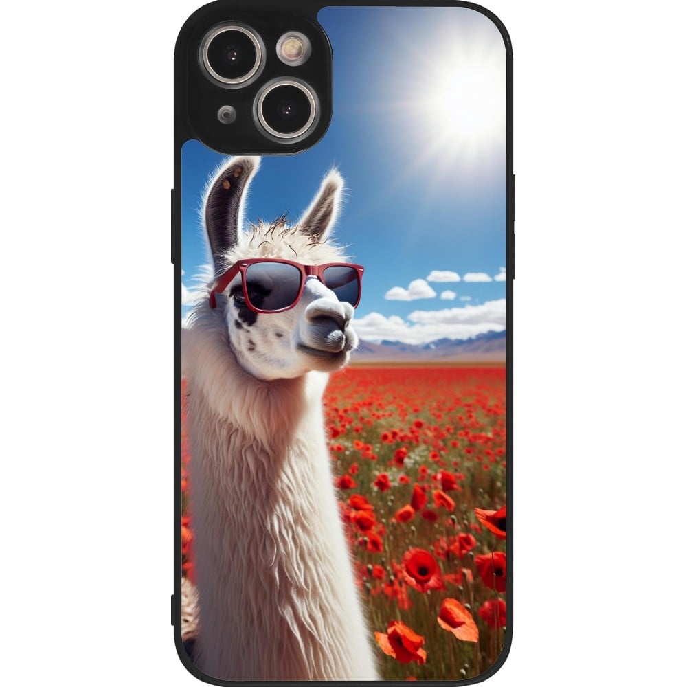 Coque iPhone 14 Plus - Silicone rigide noir Lama Chic en Coquelicot