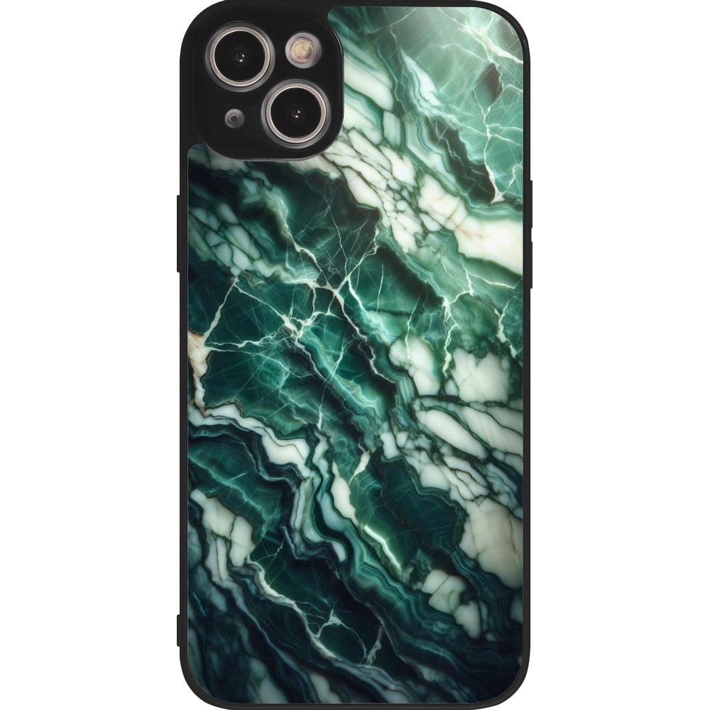 Coque iPhone 14 Plus - Silicone rigide noir Marbre vert majestueux