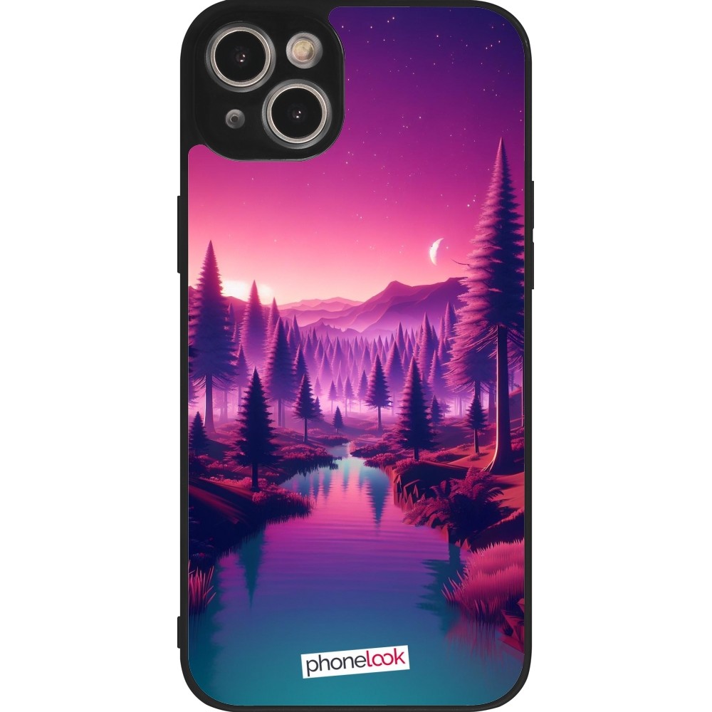 Coque iPhone 14 Plus - Silicone rigide noir Paysage Violet-Rose