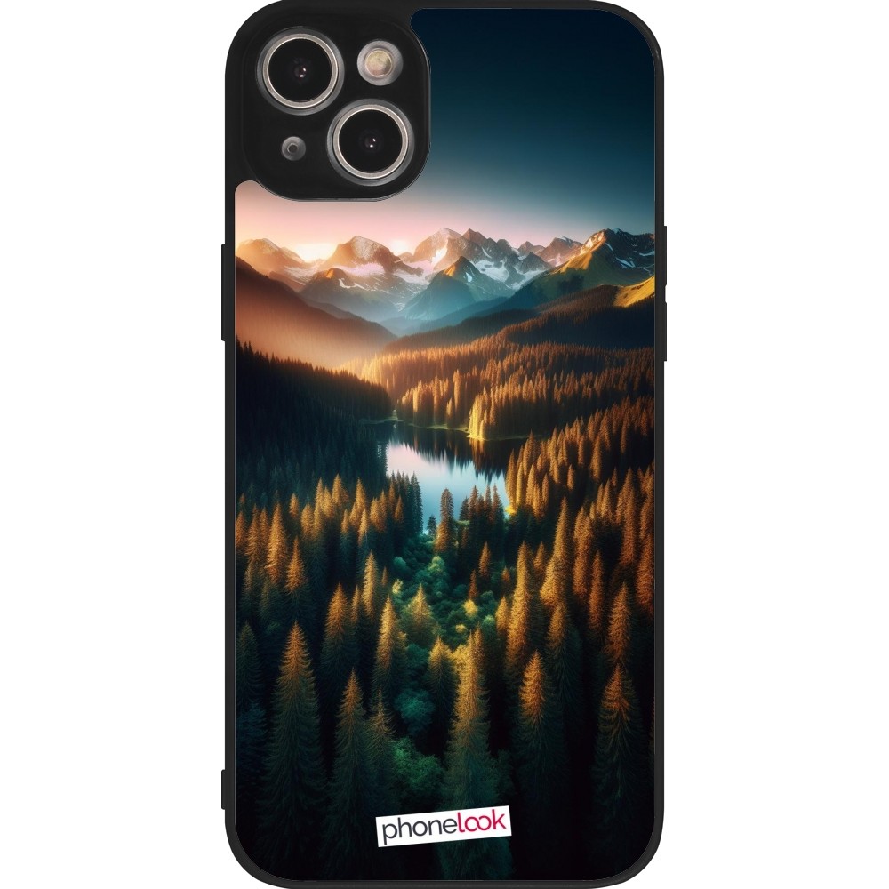 Coque iPhone 14 Plus - Silicone rigide noir Sunset Forest Lake