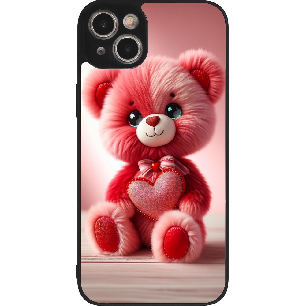 Coque iPhone 14 Plus - Silicone rigide noir Valentine 2024 Ourson rose