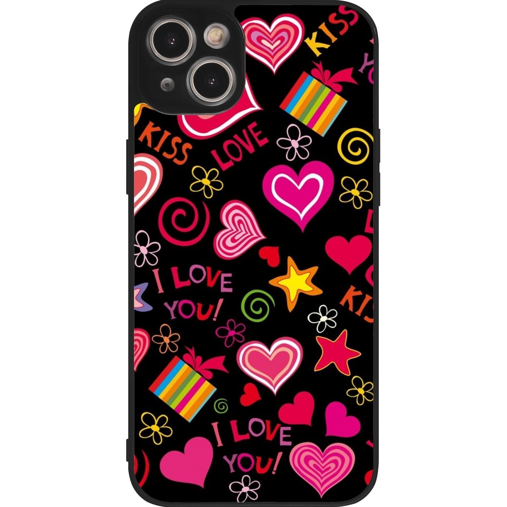 Coque iPhone 14 Plus - Silicone rigide noir Valentine 2023 love symbols