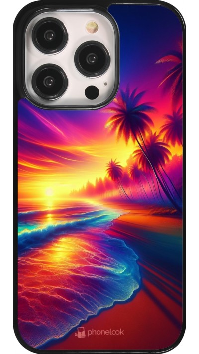 Coque iPhone 14 Pro - Plage coucher soleil flashy