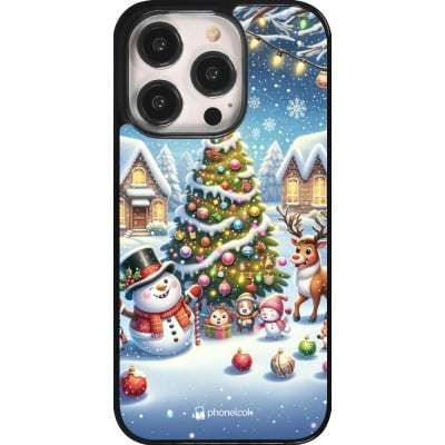 Coque iPhone 14 Pro - Noël 2023 bonhomme de neige et sapin