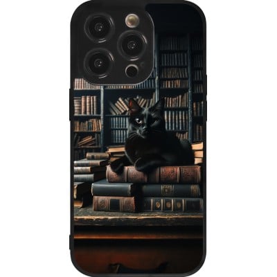 Coque iPhone 14 Pro - Silicone rigide noir Chat livres sombres