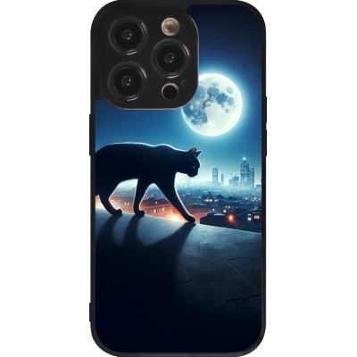 Coque iPhone 14 Pro - Silicone rigide noir Chat noir sous la pleine lune