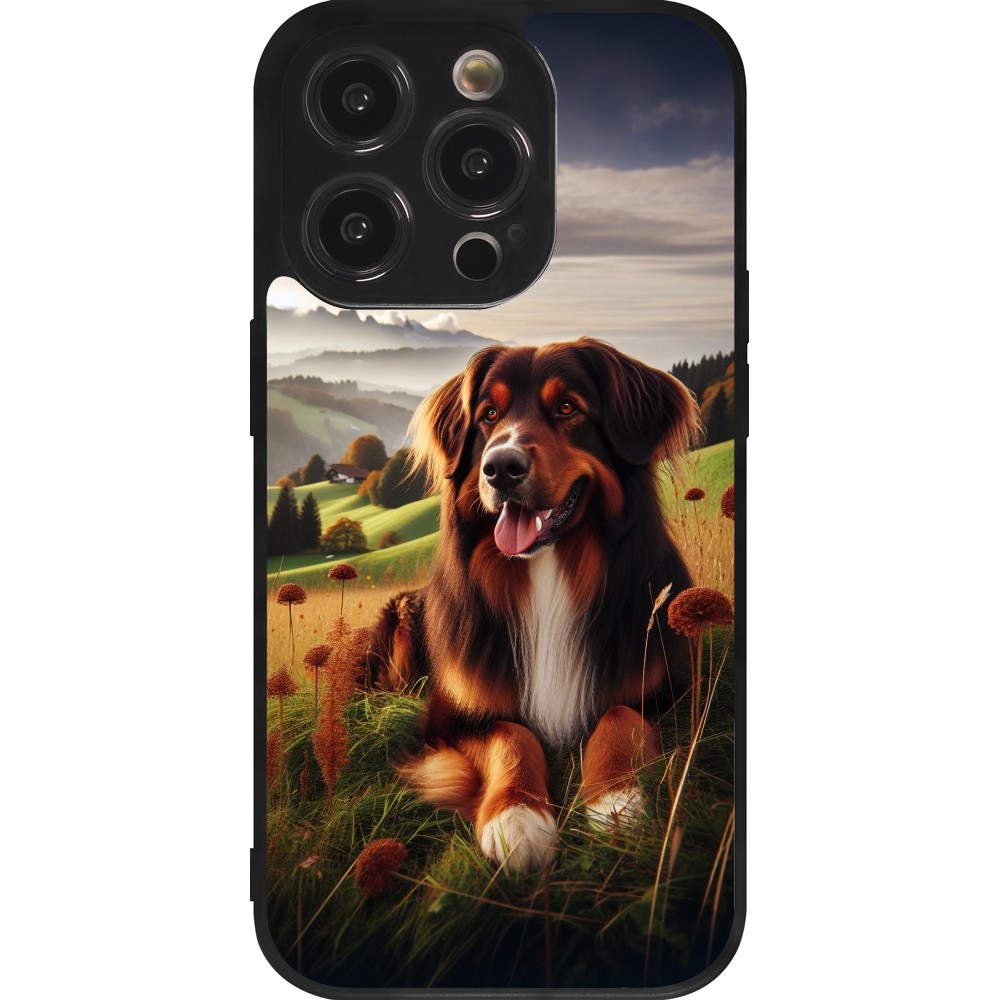 Coque iPhone 14 Pro - Silicone rigide noir Chien Campagne Suisse