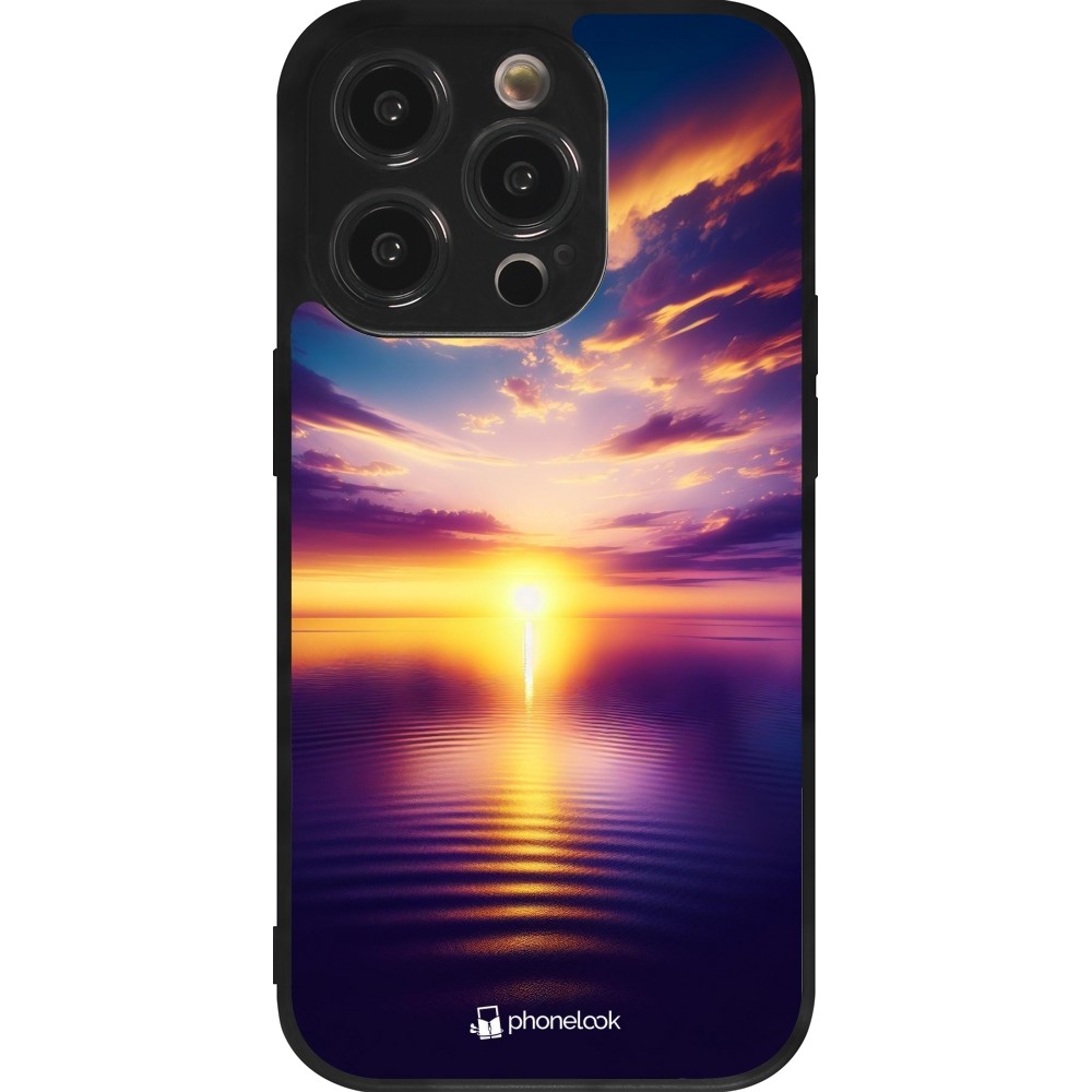 Coque iPhone 14 Pro - Silicone rigide noir Coucher soleil jaune violet