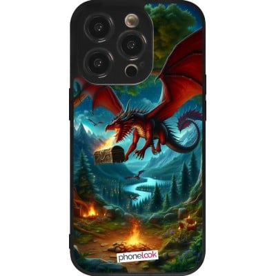 Coque iPhone 14 Pro - Silicone rigide noir Dragon Volant Forêt Trésor