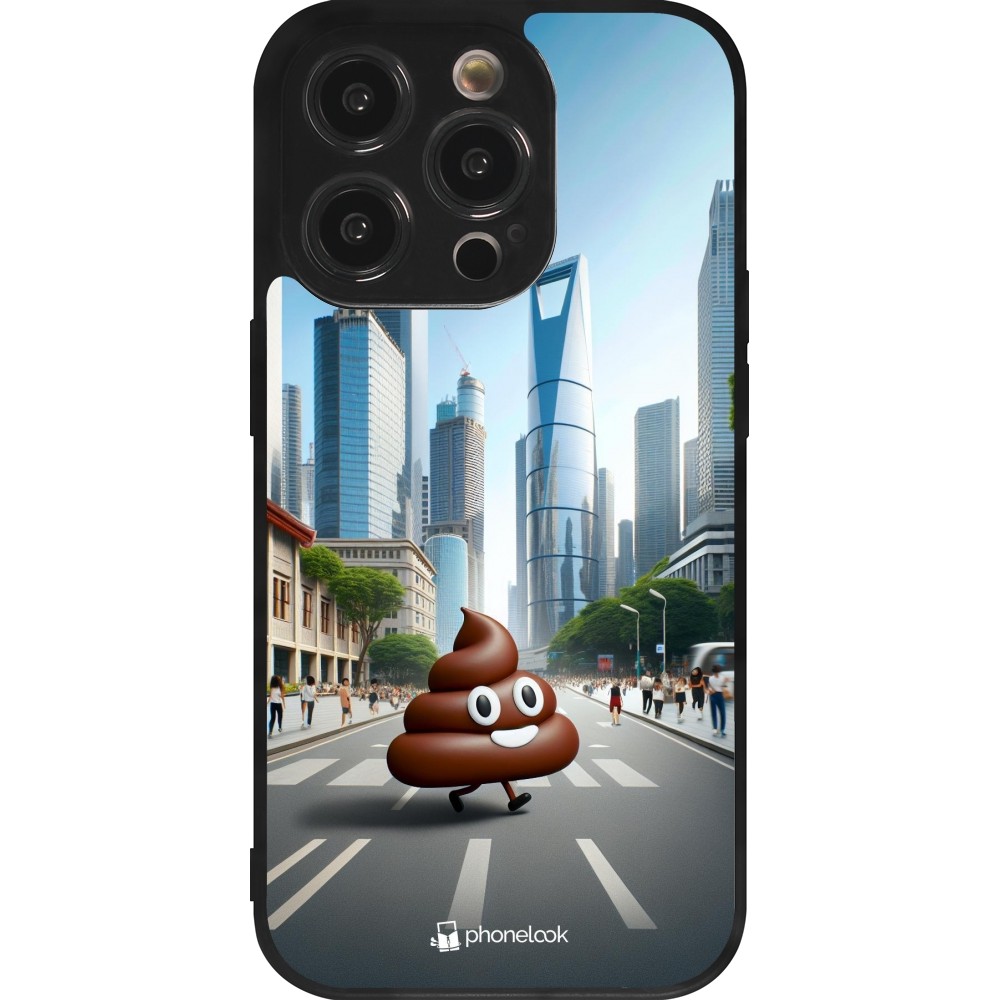 Coque iPhone 14 Pro - Silicone rigide noir Emoji Caca walk