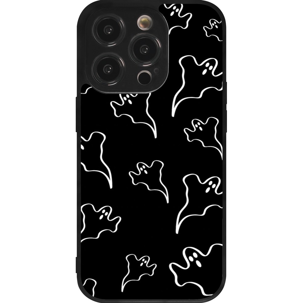 Coque iPhone 14 Pro - Silicone rigide noir Halloween 2024 black and white ghosts