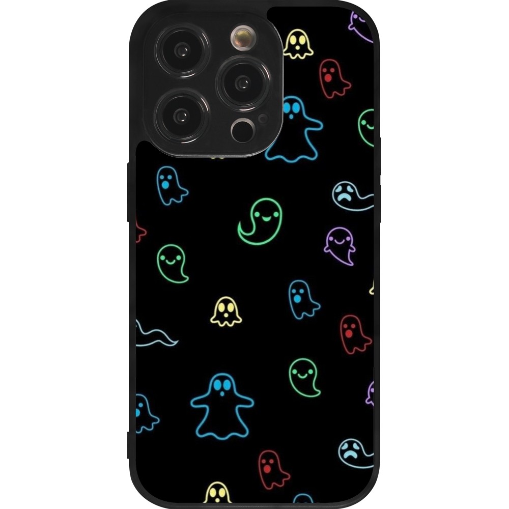 Coque iPhone 14 Pro - Silicone rigide noir Halloween 2024 colorful ghosts