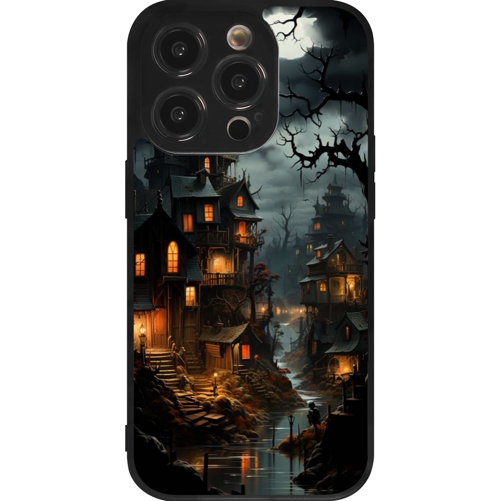 Coque iPhone 14 Pro - Silicone rigide noir Halloween 2024 scary town