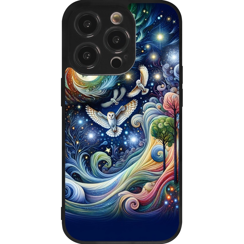 Coque iPhone 14 Pro - Silicone rigide noir hibou volant floral