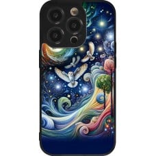 Coque iPhone 14 Pro - Silicone rigide noir hibou volant floral