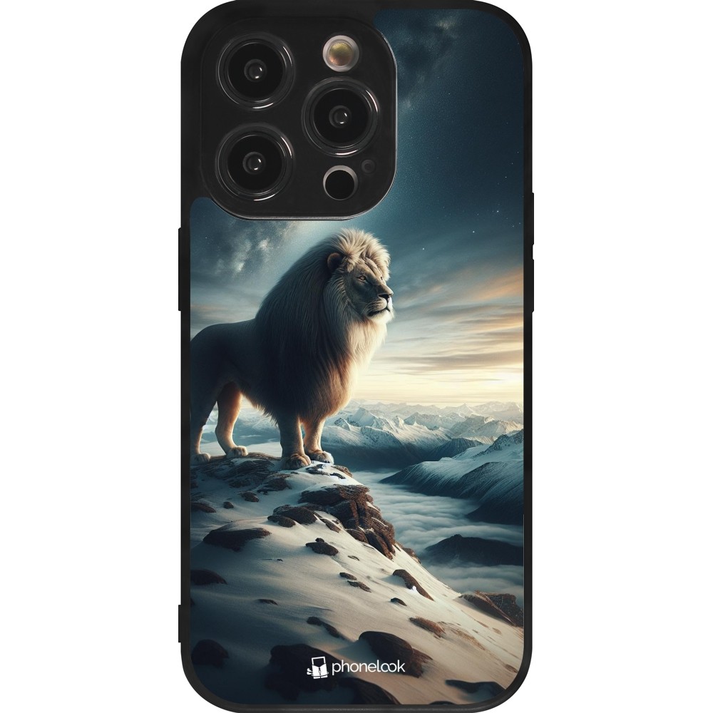 Coque iPhone 14 Pro - Silicone rigide noir Le lion blanc