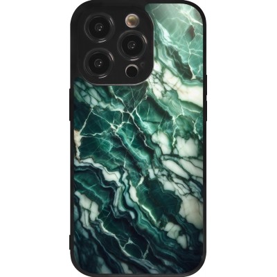 Coque iPhone 14 Pro - Silicone rigide noir Marbre vert majestueux