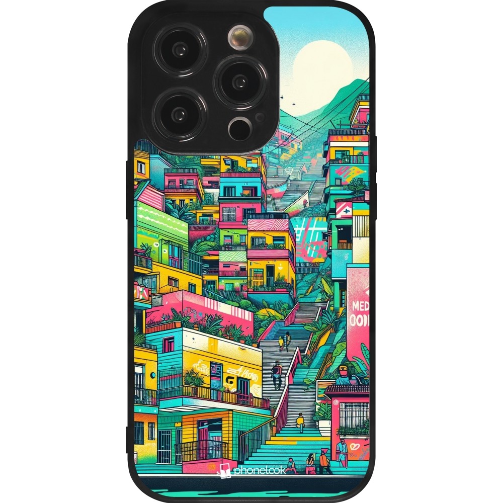 Coque iPhone 14 Pro - Silicone rigide noir Medellin Comuna 13 Art